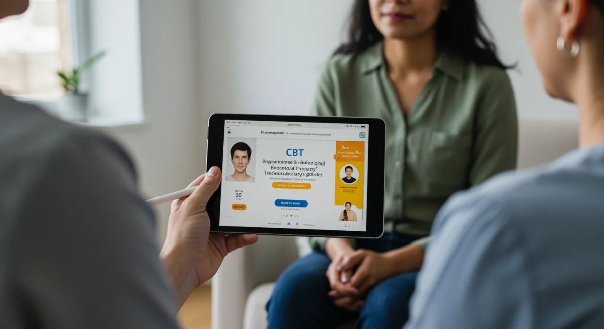 Therapist demonstrating personalized CBT module on a tablet