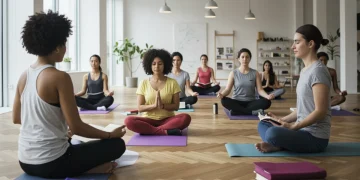 Diverse individuals practicing mindfulness and yoga in a bright, modern community setting, representing positive emotional health.