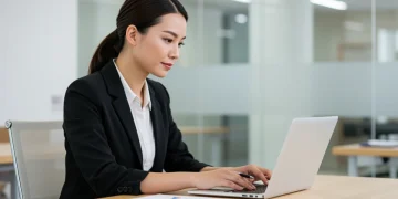 Well-rested professional woman working at a desk, demonstrating enhanced cognitive performance.