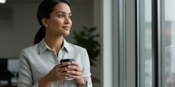 Professional woman reflecting in modern office, embodying emotional well-being