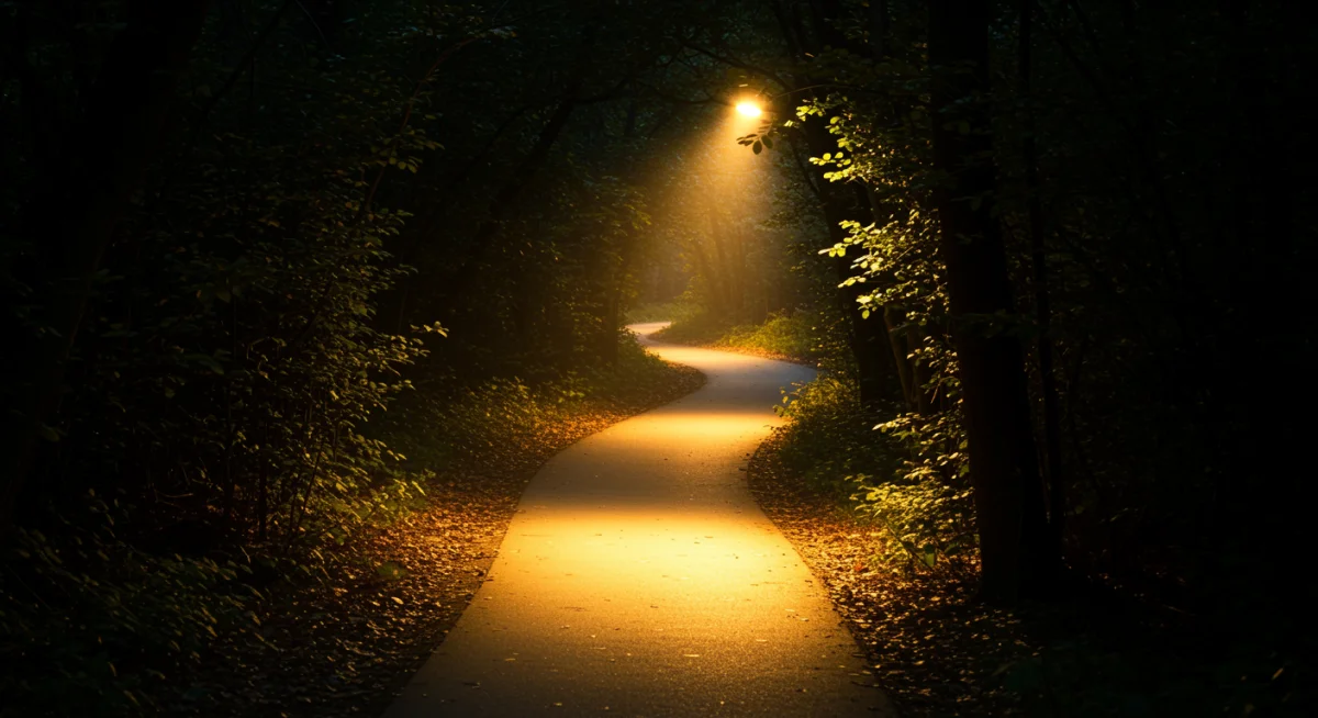 Bright path through dark forest, symbolizing journey of mental resilience