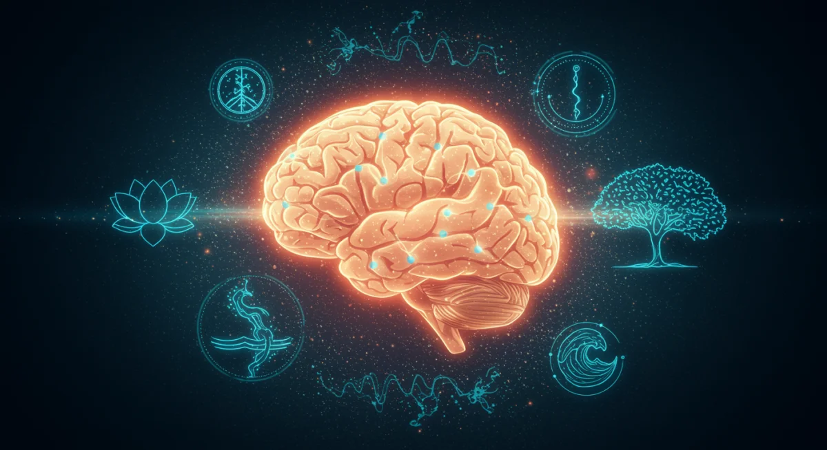 Illustration of a resilient brain with symbols of peace and growth, representing mental agility.