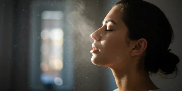 Serene person practicing deep breathing for stress relief