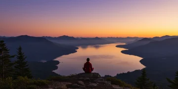 Person meditating on mountain at dawn, symbolizing stress relief and serenity.