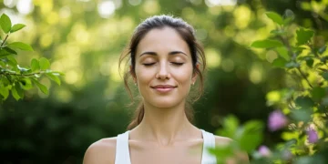 Woman meditating in nature, symbolizing emotional well-being and peace.