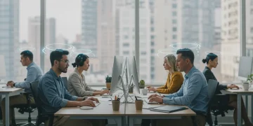 US workers demonstrating cognitive resilience amidst digital screens and office environment