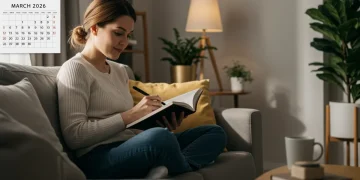 Woman journaling, reflecting on her mental energy for a 2026 self-care audit.