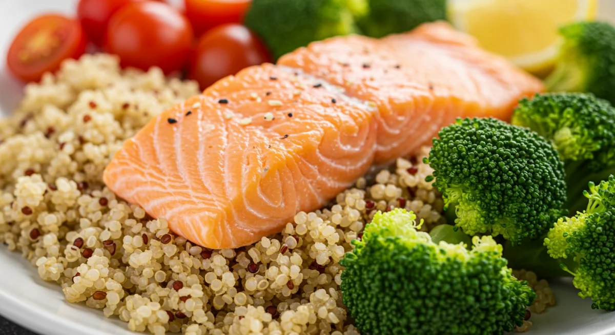 Balanced meal with salmon, quinoa, and broccoli for brain health.