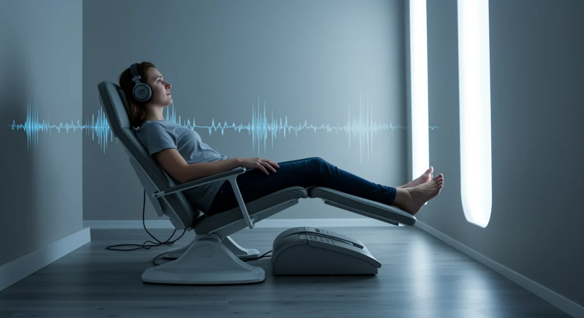 Individual experiencing bio-acoustic sound therapy for deep relaxation and anxiety relief.