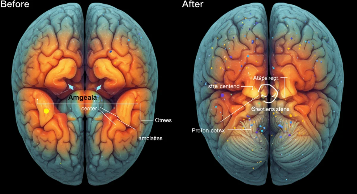 Brain scan comparison showing changes in stress and focus regions post-meditation