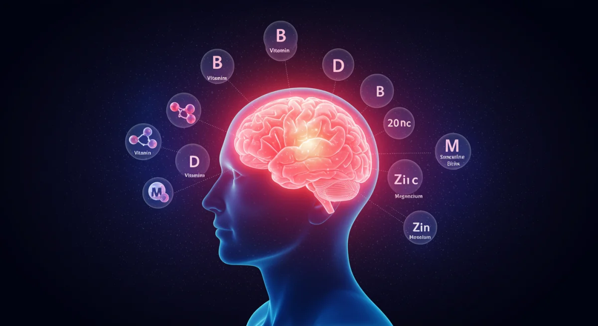 Illustration of a brain surrounded by essential vitamins and minerals for cognitive function.