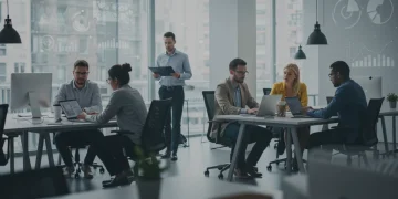 Professionals collaborating calmly in a modern office, symbolizing a healthy work environment
