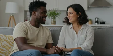 Couple smiling, holding hands, demonstrating strong emotional connection and communication in a U.S. home setting.