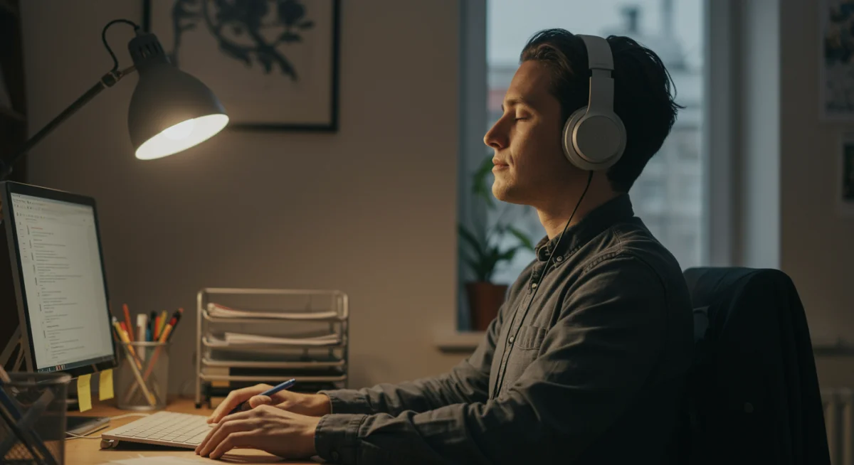 Employee practicing a short mindfulness exercise at their desk with headphones, enhancing focus.