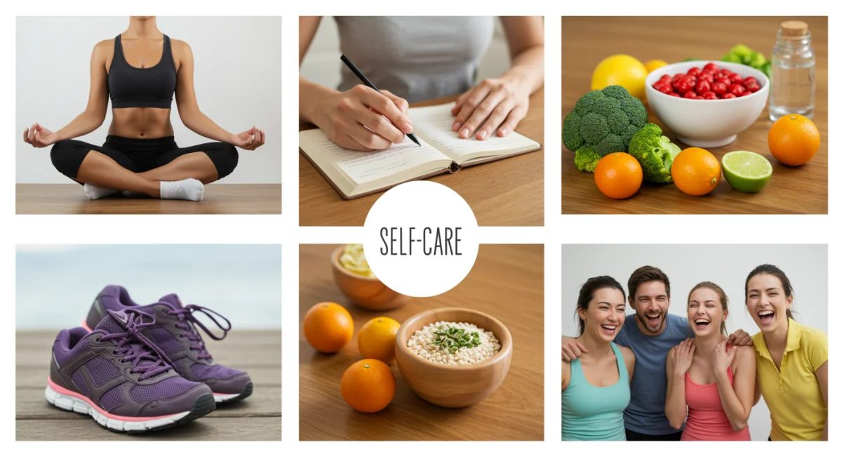 Collage of diverse self-care activities for joy