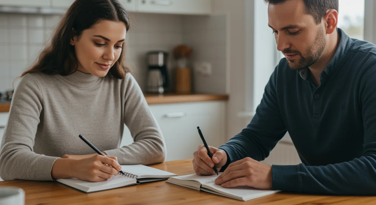 Couple writing in journals at a kitchen table, practicing clear expression of needs and 'I' statements.