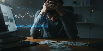 Stressed person at desk with bills, symbolizing the financial impact of chronic stress.