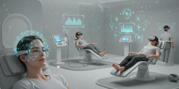 Future stress relief technologies in action, including neurofeedback, bio-acoustic therapy, and VR mindfulness.