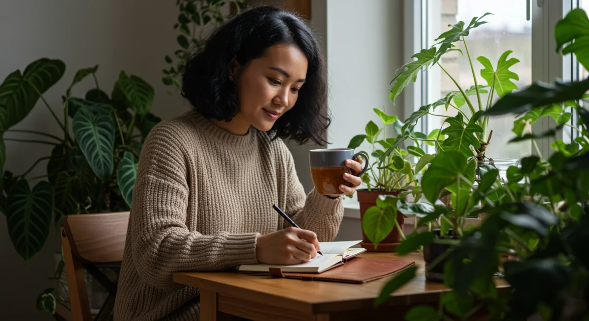 Person journaling and practicing gratitude, enhancing emotional well-being.
