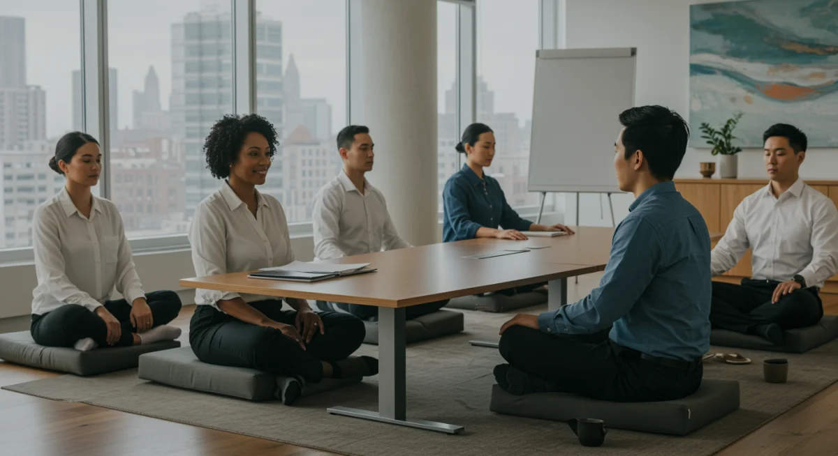 Professionals practicing guided mindfulness for stress reduction