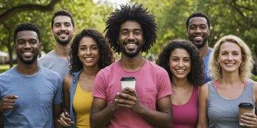 Smiling diverse U.S. adults enjoying life, symbolizing a 20% mood boost through positive psychology.