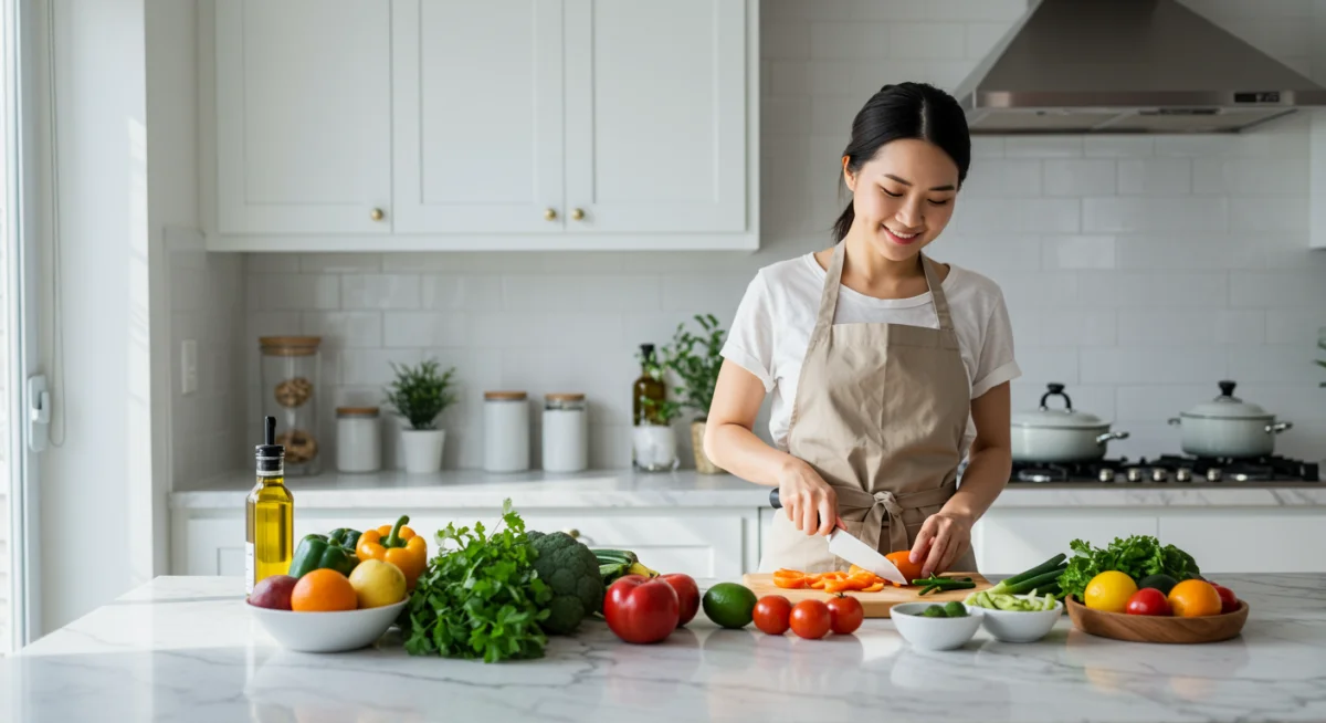 Person preparing a healthy, nutritious meal in a bright kitchen for self-care.