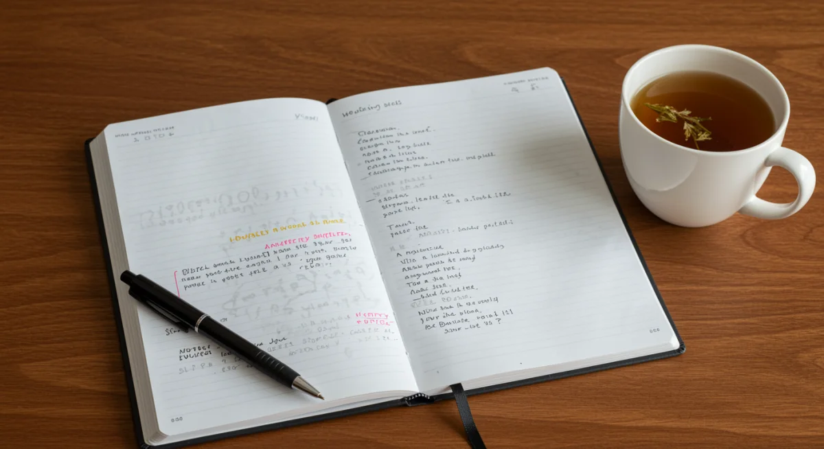 Open journal and pen on a table with tea, symbolizing self-reflection and emotional processing.