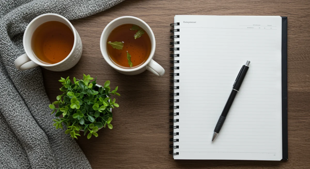 Journaling for self-reflection and personal growth, with tea and a plant.