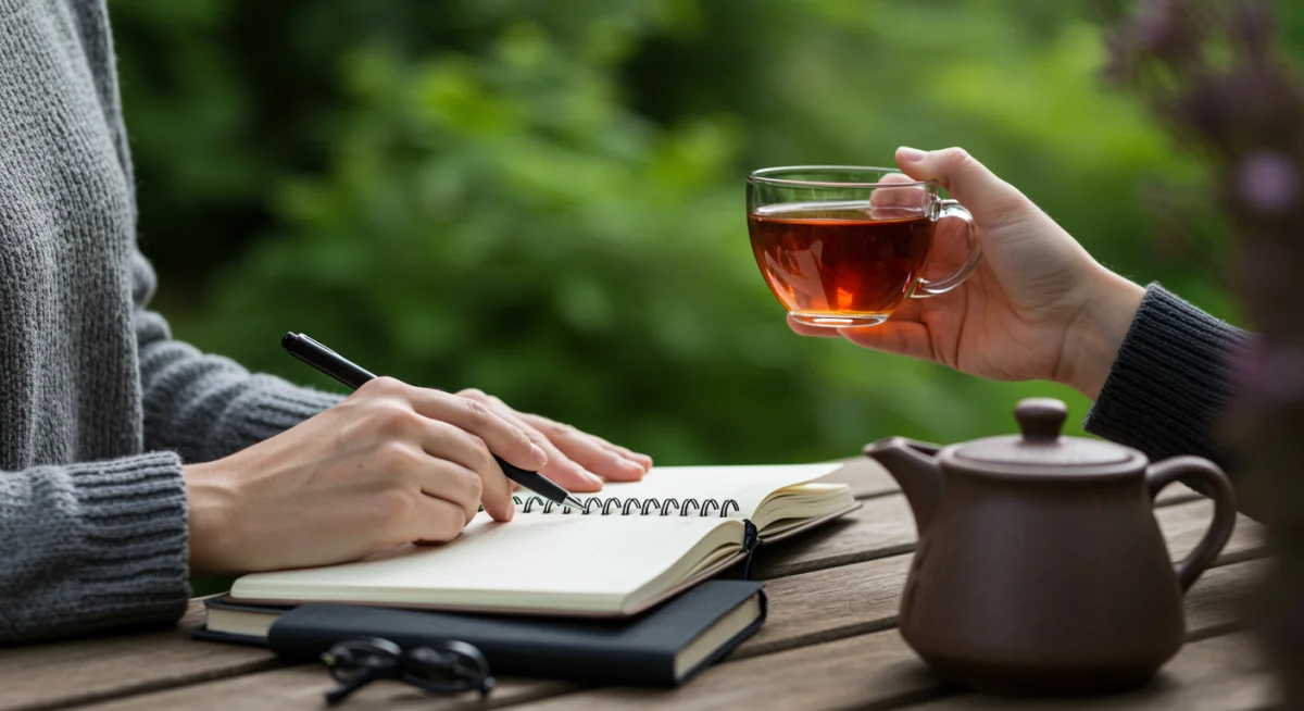Person journaling and drinking tea in a peaceful garden, practicing self-reflection.