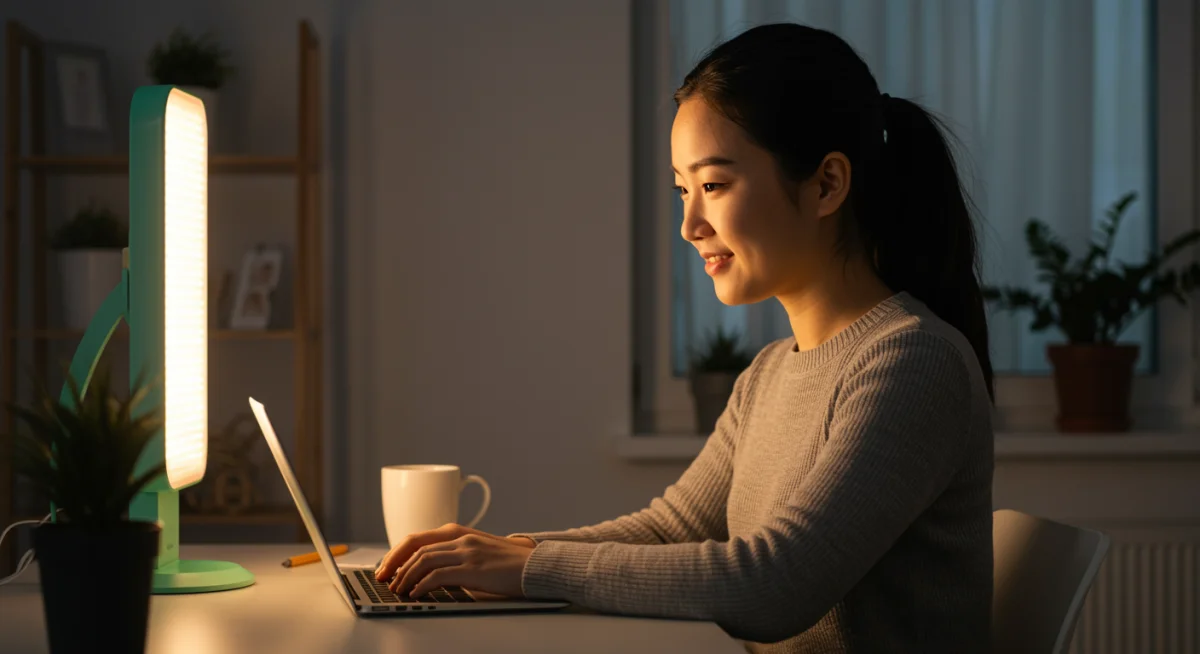 Happy person using light therapy lamp for SAD treatment.