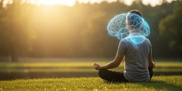 Person meditating with glowing brain patterns, symbolizing neuroplasticity