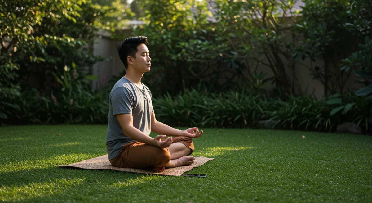 Person meditating outdoors with phone nearby, practicing digital detox