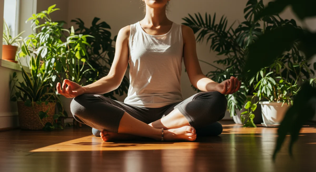 Person meditating in a calm environment, representing mindfulness and inner peace.