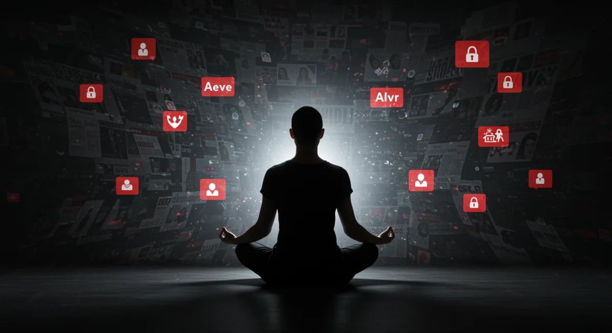 Person meditating amidst news, symbolizing mental well-being protection