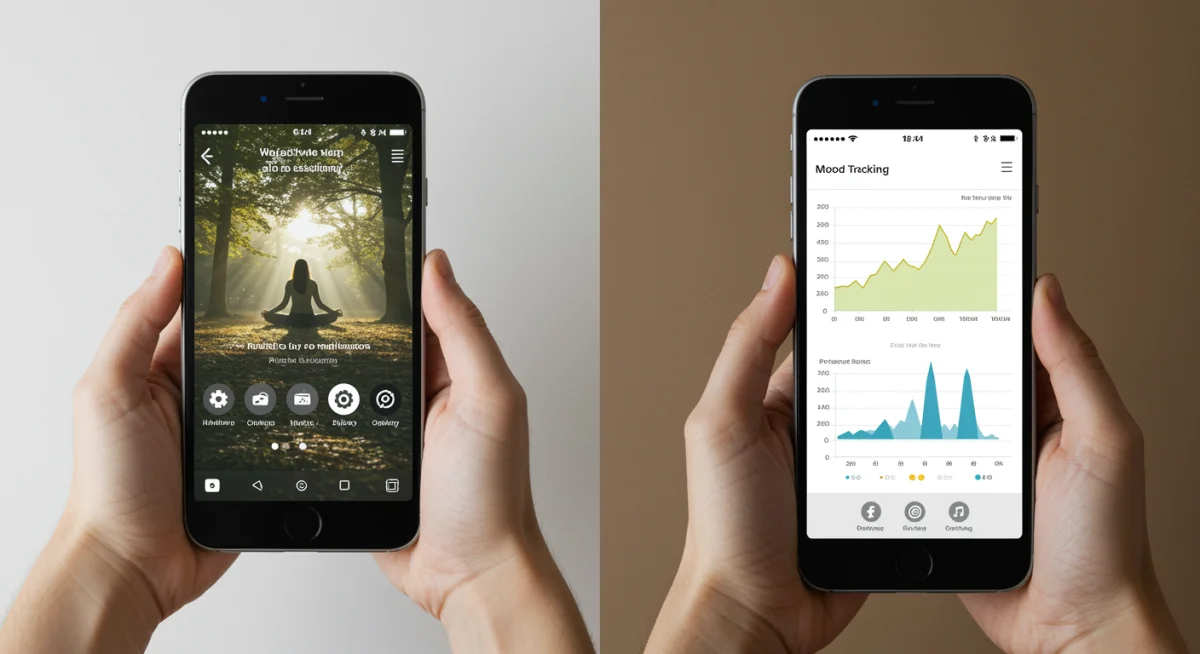 Side-by-side comparison of meditation and mood tracking app interfaces.
