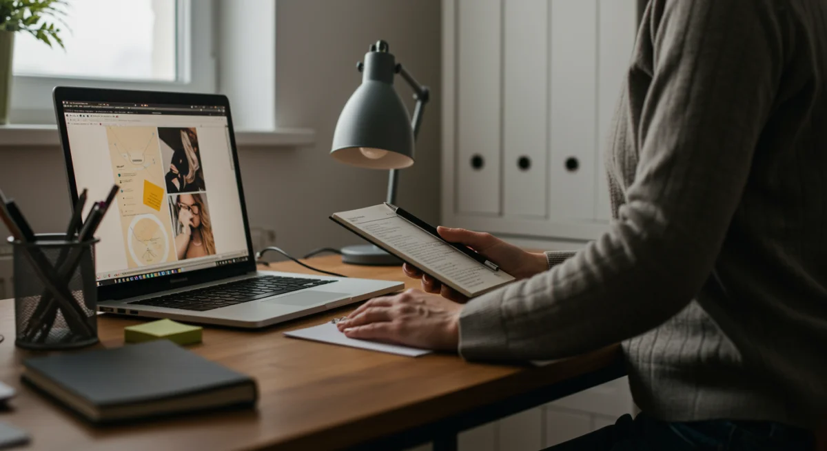 Person journaling in a calm home office, illustrating mindful self-care for focus.
