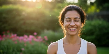 Smiling person practicing mindfulness in a sunlit garden