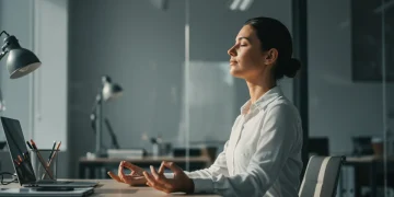 Professional meditating in office, reducing cognitive decline