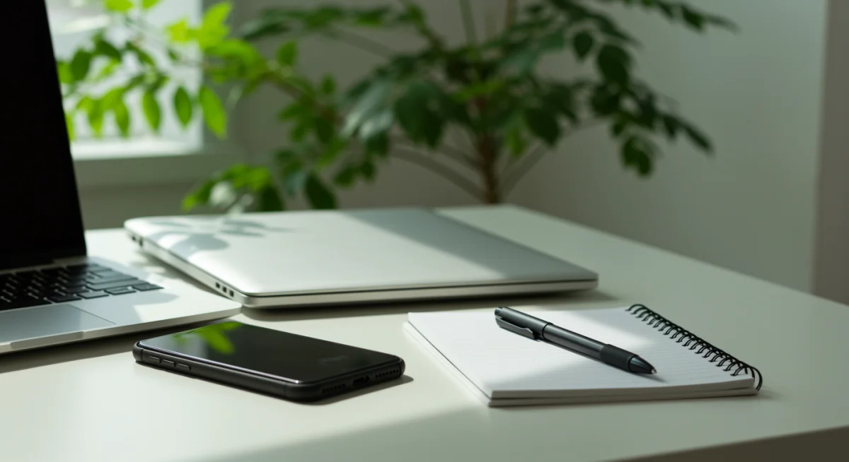 Work desk with minimal digital devices and plants, promoting focus