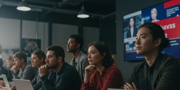 Diverse individuals contemplating current events on a screen, representing national stress