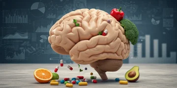Brain connected to healthy foods and supplements, representing neuro-nutrition for cognitive performance.