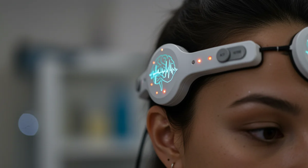 Person undergoing neurofeedback therapy, brainwave monitoring for stress reduction.