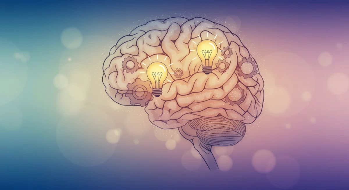 Brain with gears and light bulbs, symbolizing optimized mental energy and clarity.