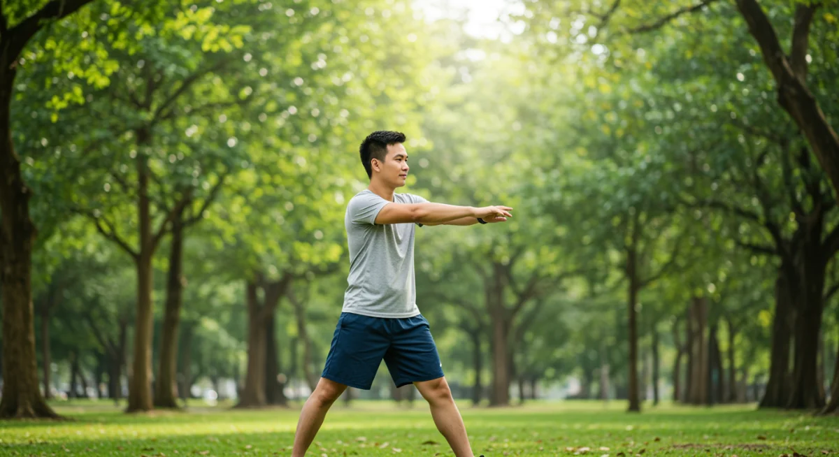 Individual enjoying light outdoor exercise in a park, promoting physical and mental health.