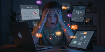 Overwhelmed person surrounded by glowing digital screens, illustrating digital burnout