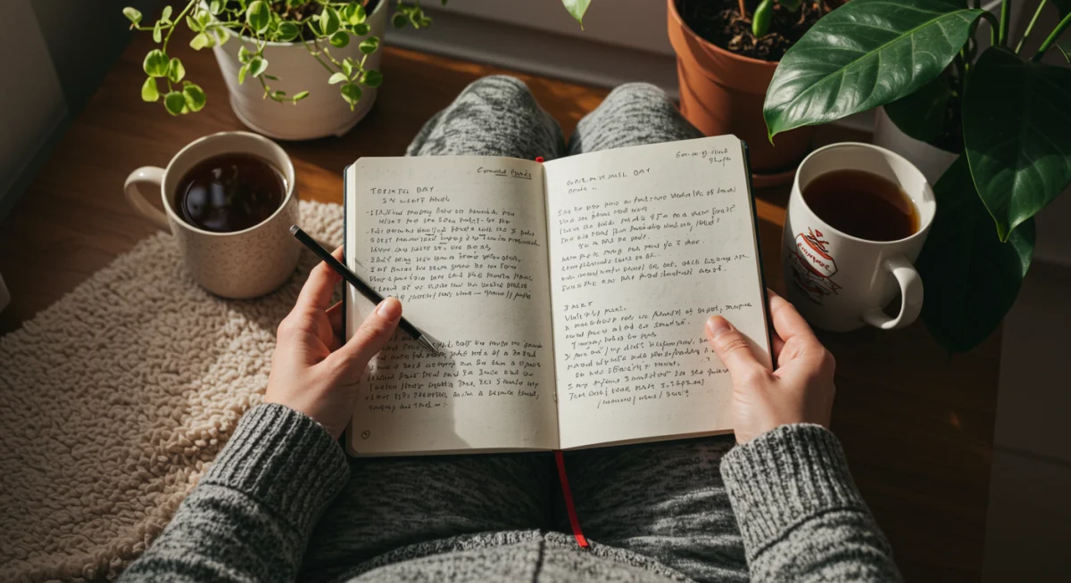 Individual writing in a journal, practicing mindful reflection and gratitude