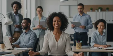Professionals calmly collaborating in a modern office, embodying emotional resilience