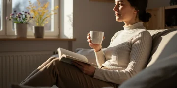 Relaxed person enjoying a peaceful weekend morning, symbolizing effective self-care and productivity.