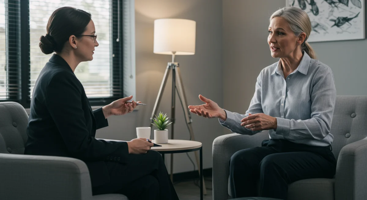 Professional seeking support through dialogue with mentor or therapist