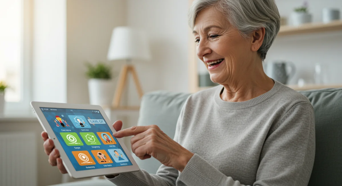 Senior engaging with a digital cognitive training game on a tablet